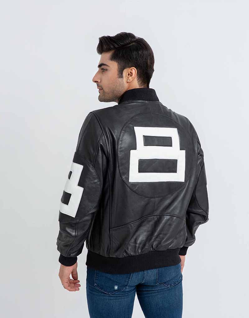 8 Ball Vibrant Black Leather Bomber Jacket - Back