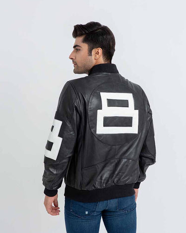 8 Ball Vibrant Black Leather Bomber Jacket - Back