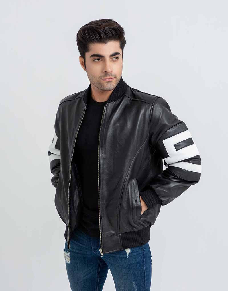 8 Ball Vibrant Black Leather Bomber Jacket - Front