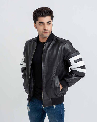 8 Ball Vibrant Black Leather Bomber Jacket - Front