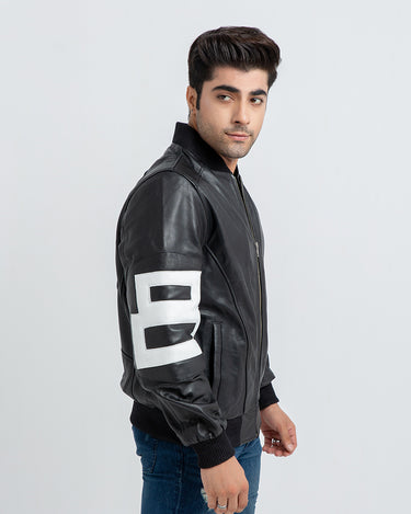 8 Ball Vibrant Black Leather Bomber Jacket - Left