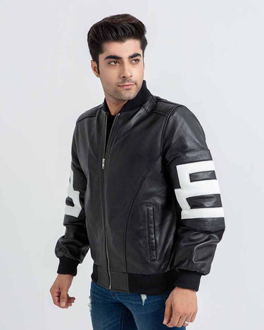 8 Ball Vibrant Black Leather Bomber Jacket - Right