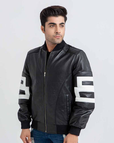 8 Ball Vibrant Black Leather Bomber Jacket - Zipped