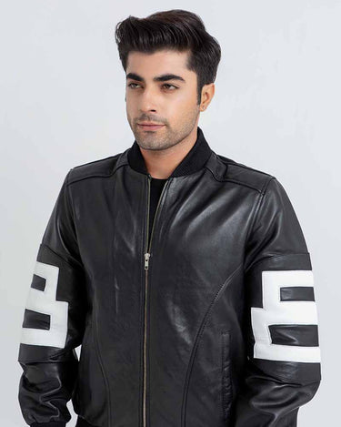 8 Ball Vibrant Black Leather Bomber Jacket - Zoom