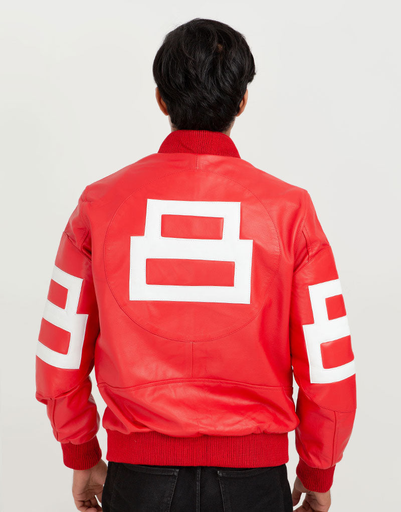 8 Ball Vibrant Red Leather Bomber Jacket - Back