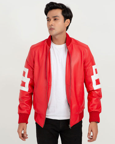 8 Ball Vibrant Red Leather Bomber Jacket - Front