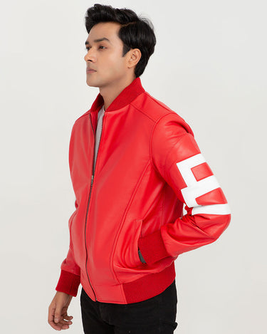 8 Ball Vibrant Red Leather Bomber Jacket - Left