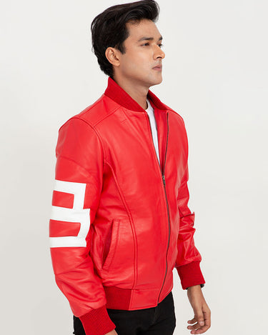 8 Ball Vibrant Red Leather Bomber Jacket - Right