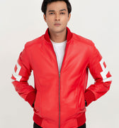 8 Ball Vibrant Red Leather Bomber Jacket - Zipped