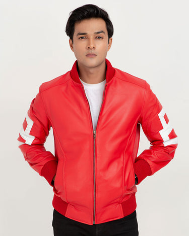 8 Ball Vibrant Red Leather Bomber Jacket - Zipped