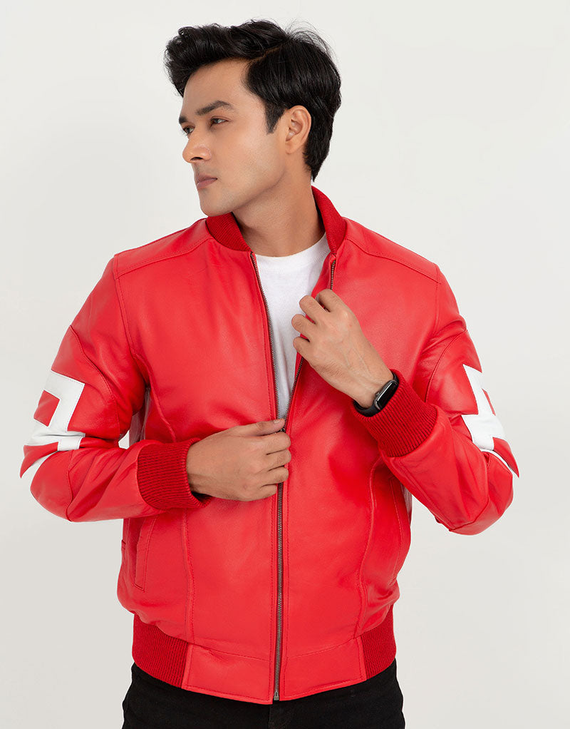 8 Ball Vibrant Red Leather Bomber Jacket - Zoom