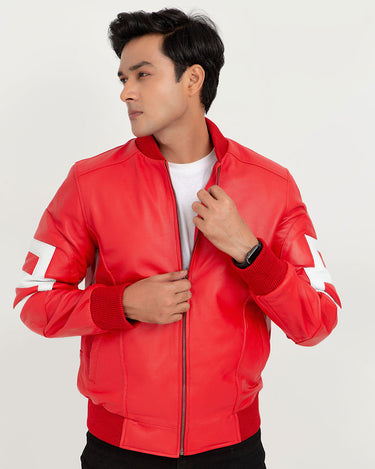 8 Ball Vibrant Red Leather Bomber Jacket - Zoom