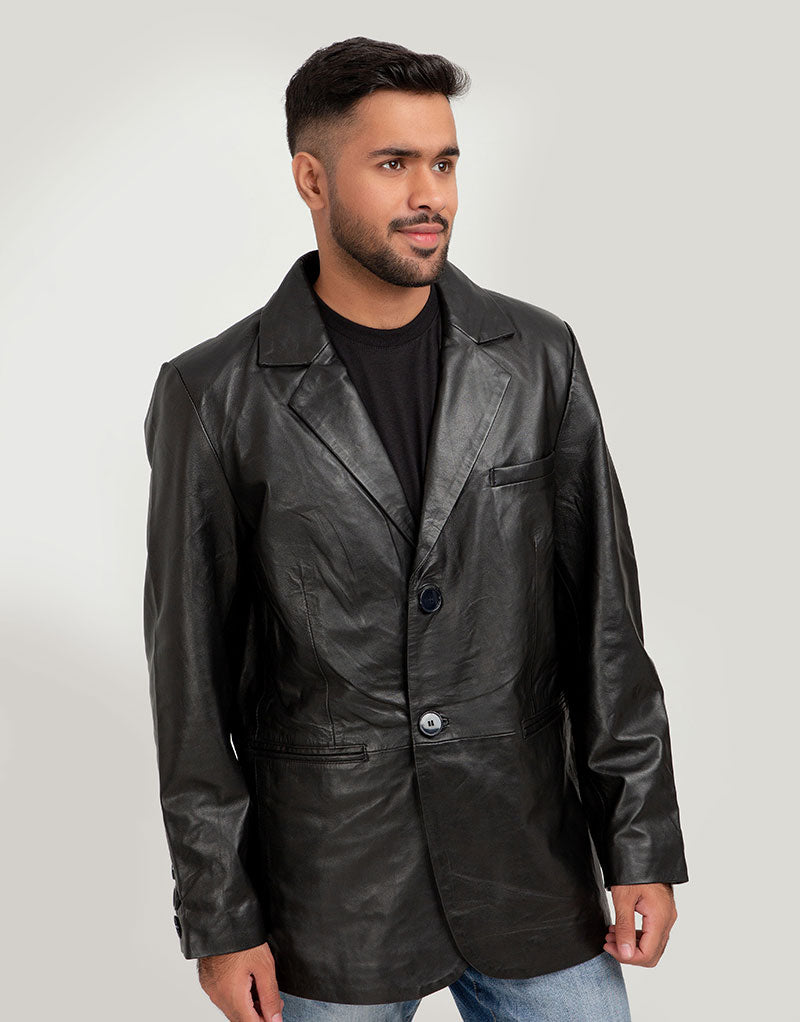 Adan Traditional Two Button Leather Blazer - Front