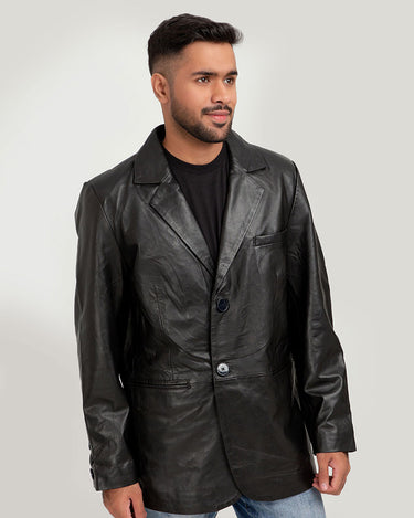 Adan Traditional Two Button Leather Blazer - Front