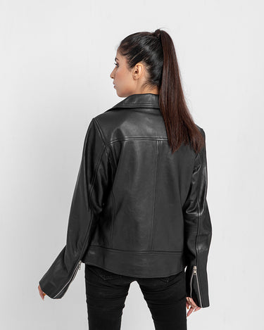 Alexandria Washy Black Leather Moto Jacket - Back