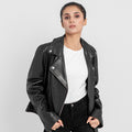 Alexandria Washy Black Leather Moto Jacket - Front