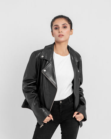 Alexandria Washy Black Leather Moto Jacket - Front