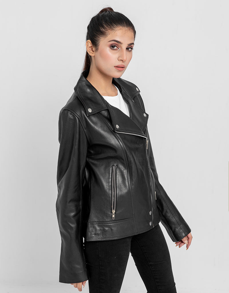 Alexandria Washy Black Leather Moto Jacket - Left