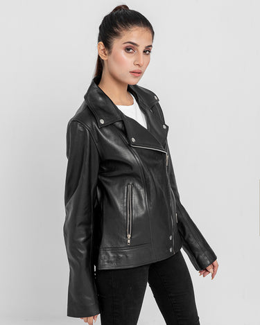 Alexandria Washy Black Leather Moto Jacket - Left