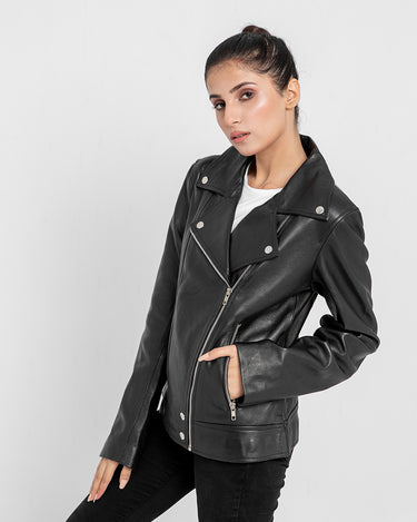 Alexandria Washy Black Leather Moto Jacket - Right