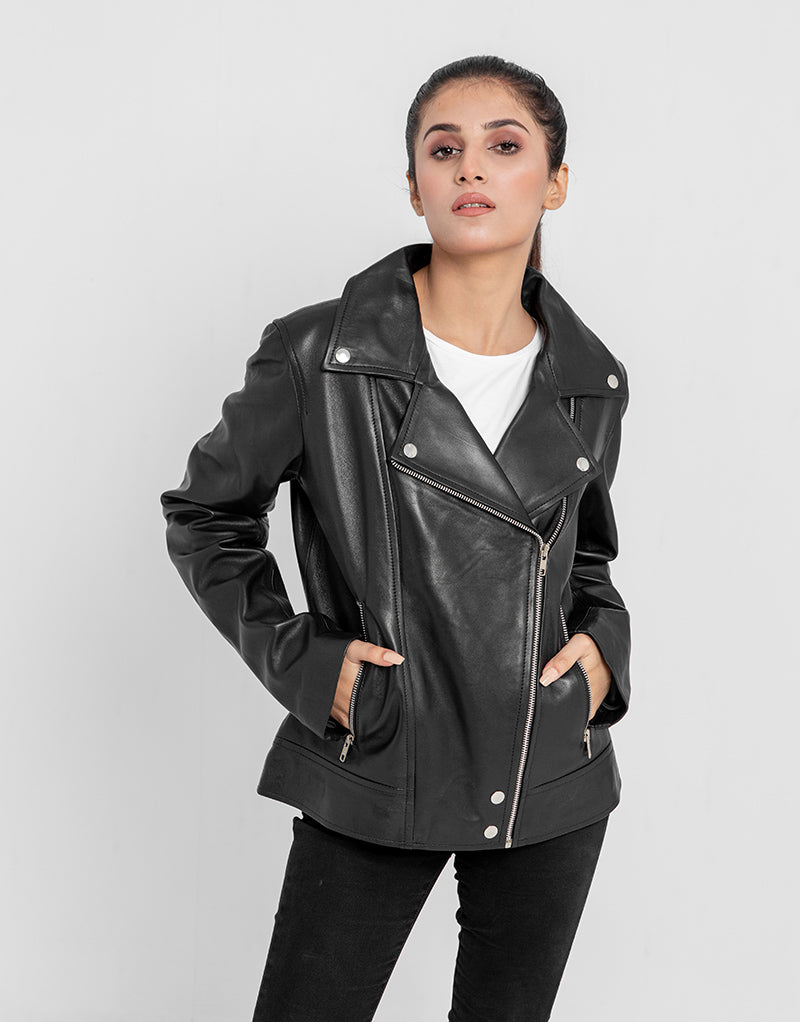 Alexandria Washy Black Leather Moto Jacket - Zipped