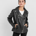 Alexandria Washy Black Leather Moto Jacket - Zipped