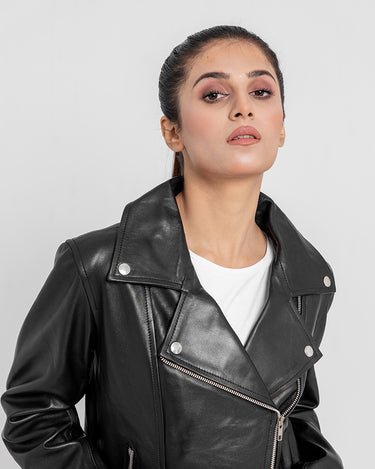 Alexandria Washy Black Leather Moto Jacket - Zoomed