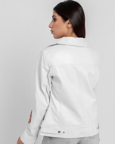 Alexandria Washy White Leather Moto Jacket - Back