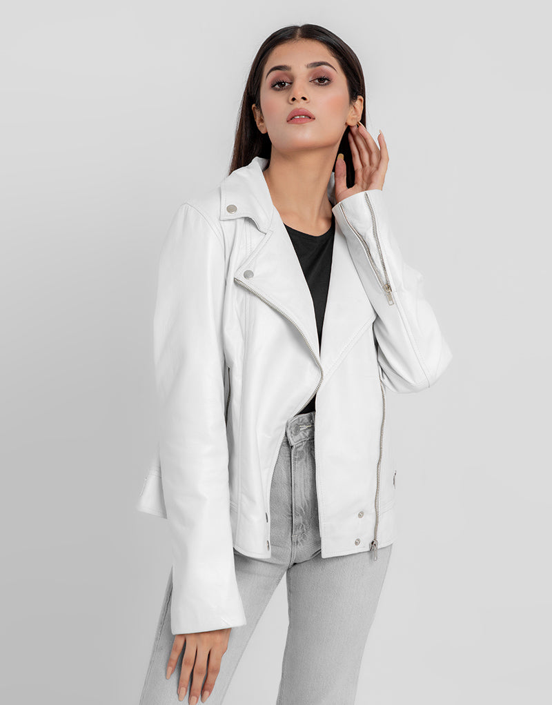 Alexandria Washy White Leather Moto Jacket - Front