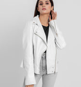 Alexandria Washy White Leather Moto Jacket - Front