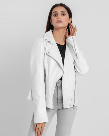 Alexandria Washy White Leather Moto Jacket - Front