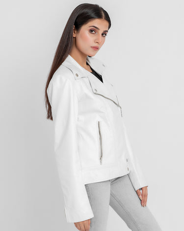 Alexandria Washy White Leather Moto Jacket - Left