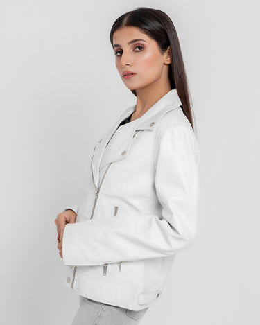 Alexandria Washy White Leather Moto Jacket - Right