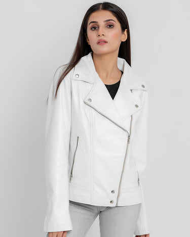 Alexandria Washy White Leather Moto Jacket - Zipped