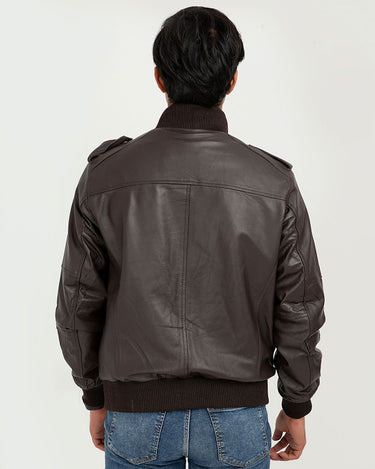 Amenadiel Brown Retro Style Leather Bomber Jacket - Back