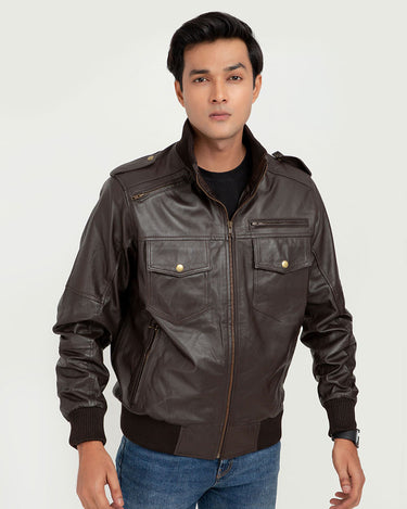 Amenadiel Brown Retro Style Leather Bomber Jacket - Zipped