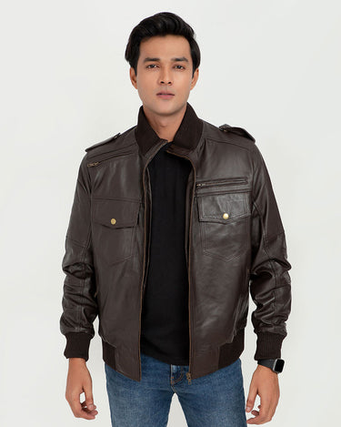 Amenadiel Brown Retro Style Leather Bomber Jacket - Front