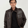 Amenadiel Brown Retro Style Leather Bomber Jacket - Open