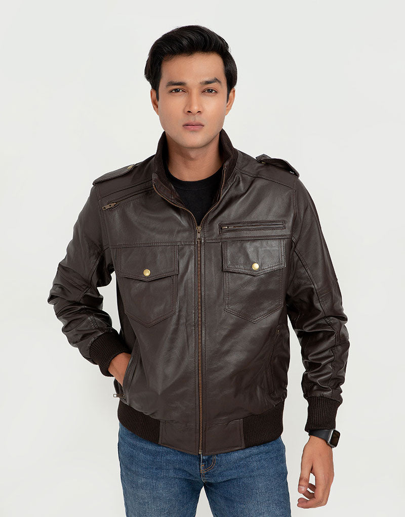 Amenadiel Brown Retro Style Leather Bomber Jacket -  Zipped