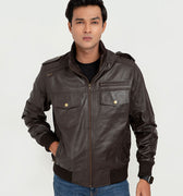 Amenadiel Brown Retro Style Leather Bomber Jacket -  Zipped