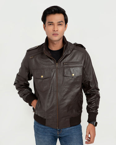 Amenadiel Brown Retro Style Leather Bomber Jacket -  Zipped