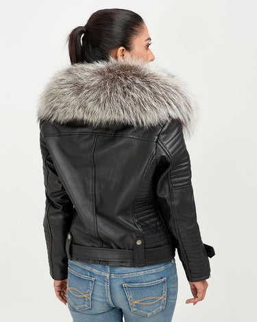 Angel in Disguise Silver Fox Fur Black Leather Jacket - Back