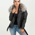 Angel in Disguise Silver Fox Fur Black Leather Jacket - Front