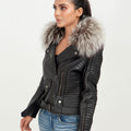 Angel in Disguise Silver Fox Fur Black Leather Jacket - Left