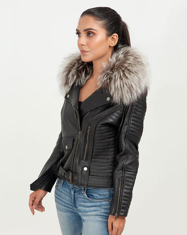 Angel in Disguise Silver Fox Fur Black Leather Jacket - Left