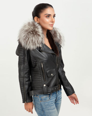 Angel in Disguise Silver Fox Fur Black Leather Jacket - Right