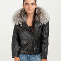 Angel in Disguise Silver Fox Fur Black Leather Jacket - Zipped