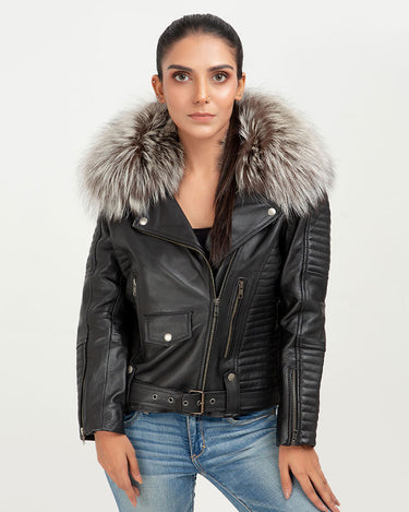 Angel in Disguise Silver Fox Fur Black Leather Jacket - Zipped