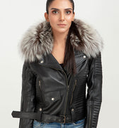 Angel in Disguise Silver Fox Fur Black Leather Jacket - Zoom