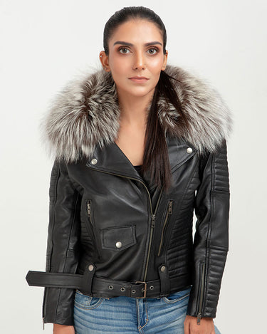 Angel in Disguise Silver Fox Fur Black Leather Jacket - Zoom